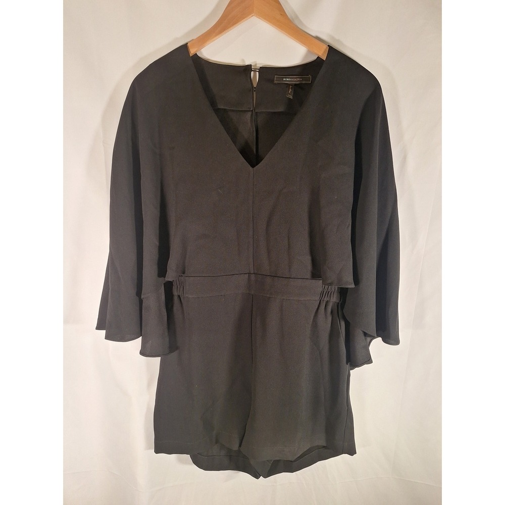BCBGMAXAZRIA Womens Black Cape Overlay V-Neck Open Back Romper XXS RN80734